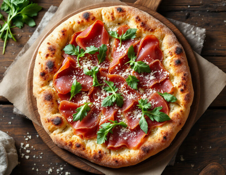 Pinsa egipcia con jamón de Parma, rúcula y parmesano