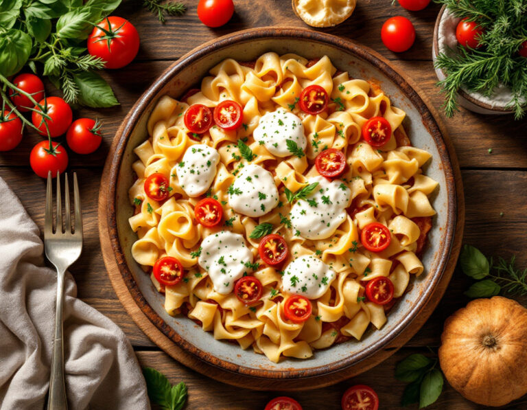 Gratín de pasta cremoso con tomates y mozzarella