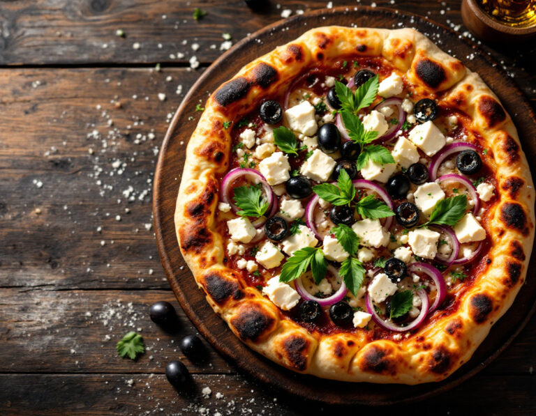 Receta de Flammkuchen al Estilo Griego – con Feta y Aceitunas
