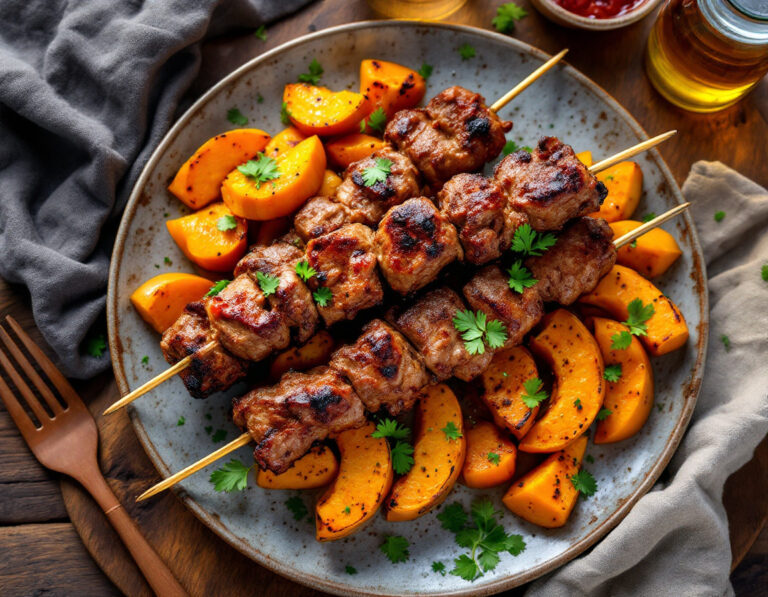 Pinchos de carne picada de cordero con verduras de calabaza al estilo oriental