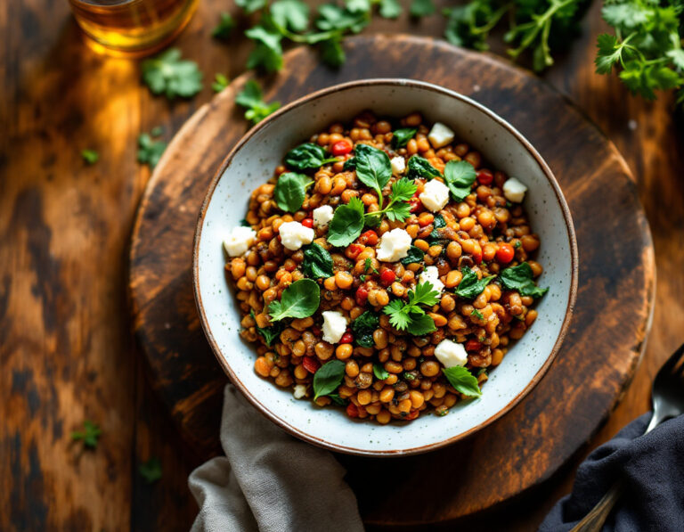 Cazuela de Lentejas con Espinacas y Feta – Estilo Africano