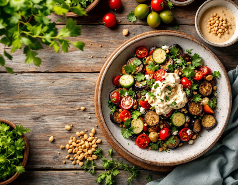 Ensalada sudanesa de berenjena con crema de cacahuete y yogur
