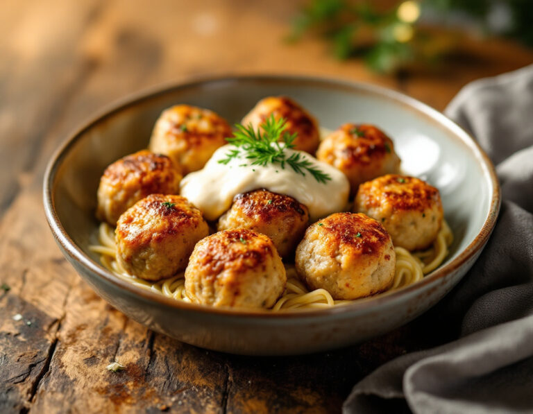 Baked Swedish Meatball Casserole with Dill Cream Sauce