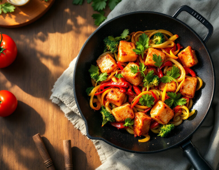 Verduras al Wok con Pescado Frito – Clásico Británico