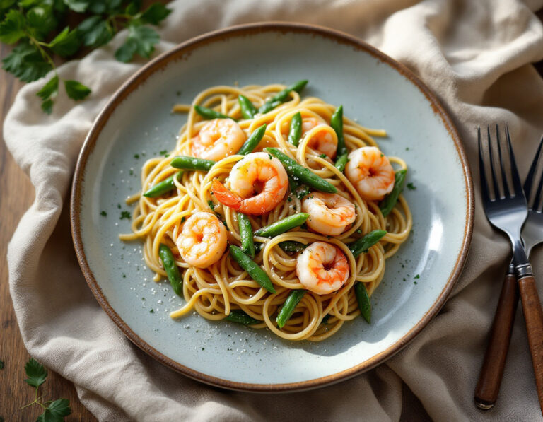Spaghetti with Jumbo Shrimp and Green Beans in Cream Sauce