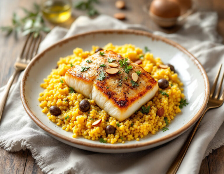 Sea Bass with Olive-Almond Couscous Recipe | Morocco