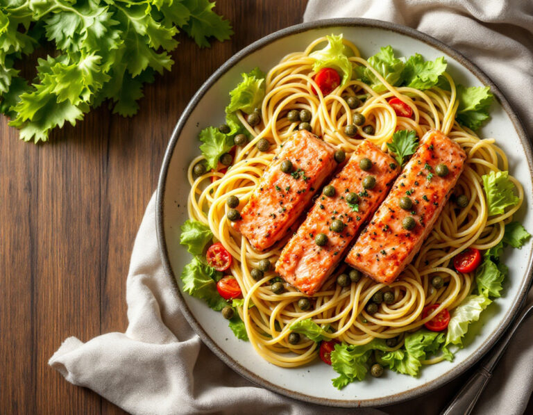 Ethiopian Salmon Pasta with Romaine Lettuce and Capers Recipe