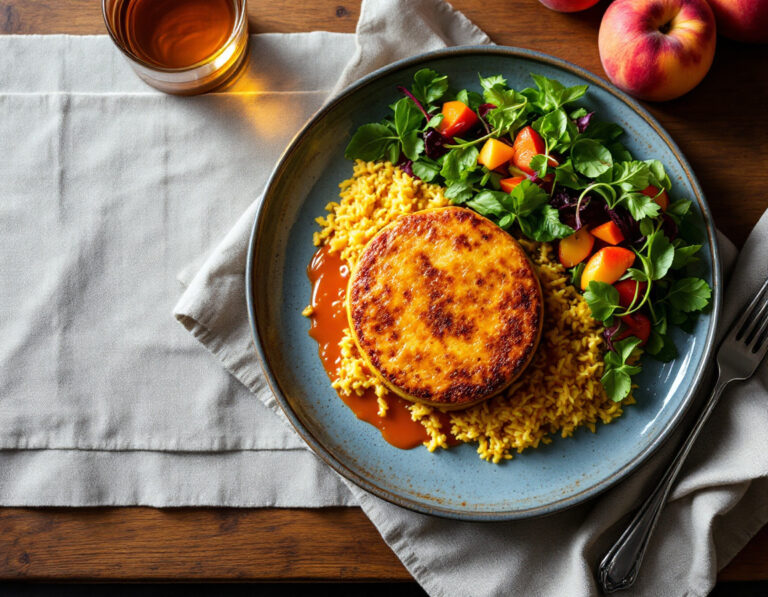 Bobotie with Peach Chutney, Saffron Rice, and Salad Recipe