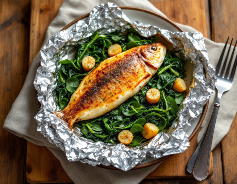Stuffed Trout on a Bed of Spinach Baked in Foil Recipe