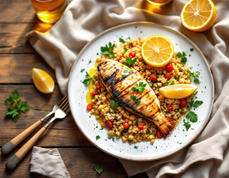 Grilled Sea Bream with Lemon Dressing and Bulgur Salad Recipe