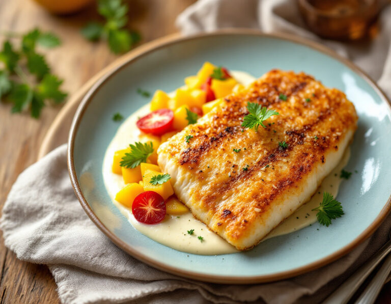 Monkfish Fillet with Coconut Vanilla Sauce and Mango Relish