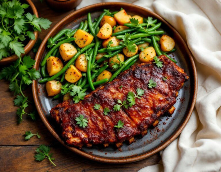 Spareribs with Apple BBQ Crust and Potato-Green Bean Salad