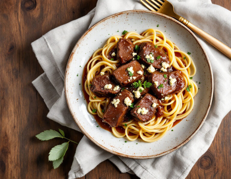 Beef Tenderloin Strips in Gorgonzola Sauce over Linguine Recipe