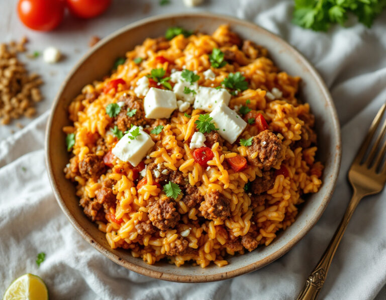 Mediterranean Casserole with Ground Beef, Rice & Feta Cheese