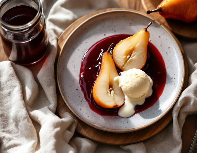 Pears Poached in Red Wine with Vanilla Ice Cream – Ethiopian Style