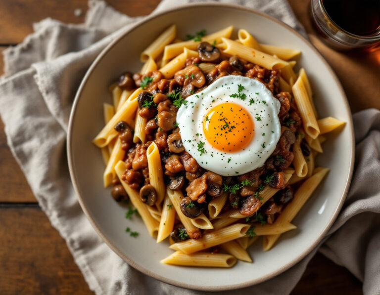 Penne with Mushroom Ragout and Egg – Egyptian Style